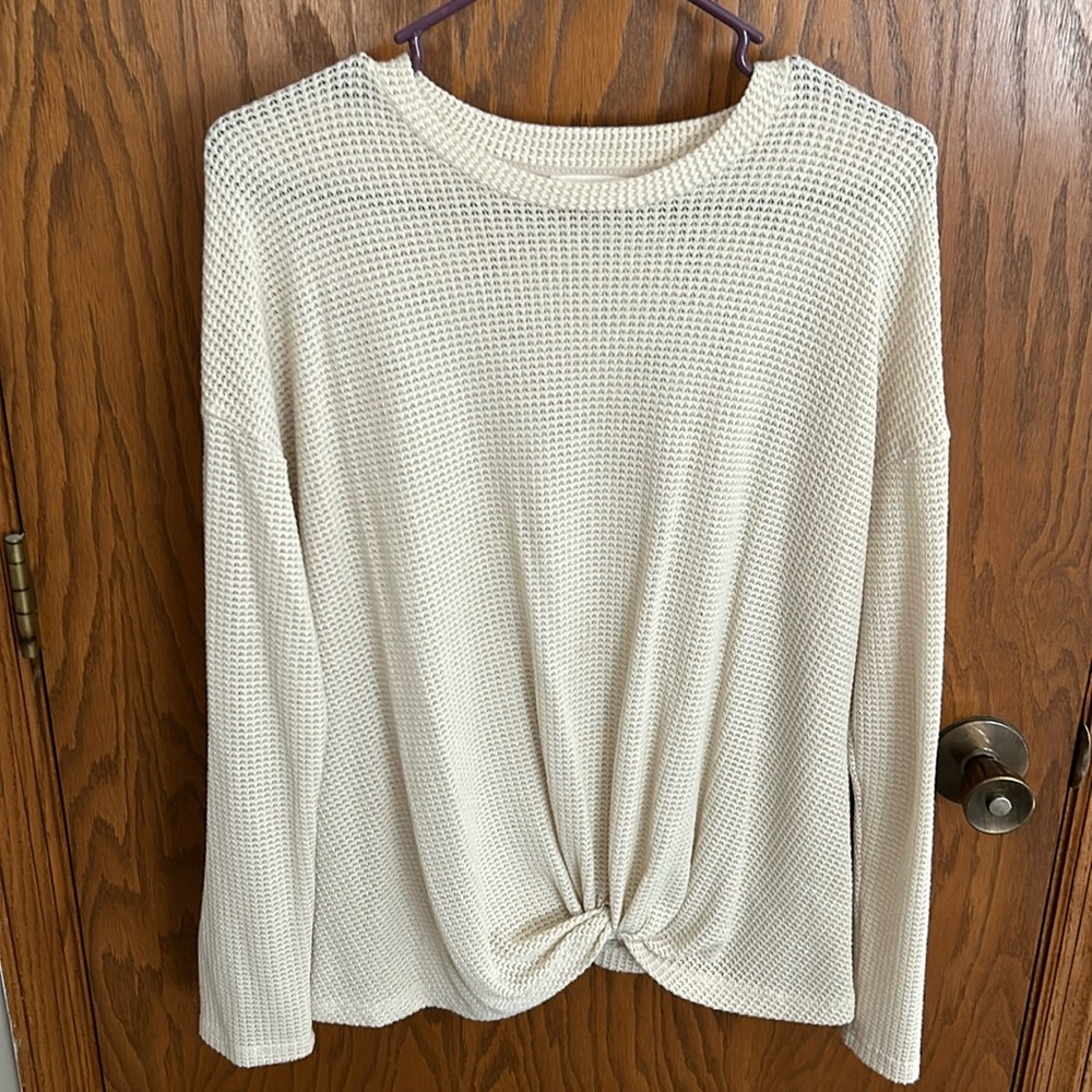 Lush womens waffle long sleeve with front twist ivory cream size large